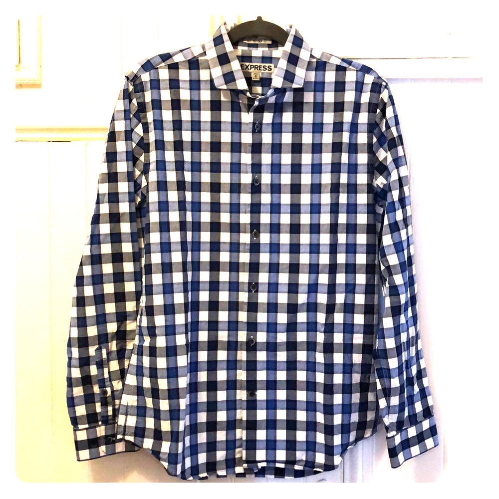 Long sleeve button down shirt, blue/white/grey.